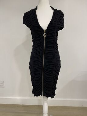 Y2K Baby Phat Black Ruched Full Zip Front V Neck Bodycon Knee Dress Party S 2000